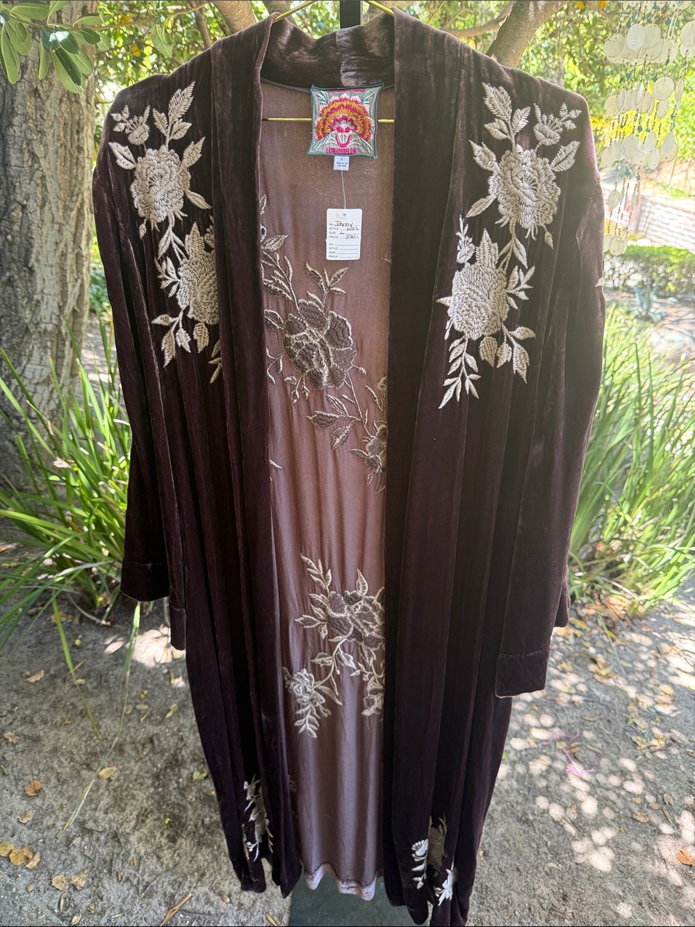 Johnny Was Plum Velvet Longline Jacket with White Floral Embroidery - Picture 3 of 5